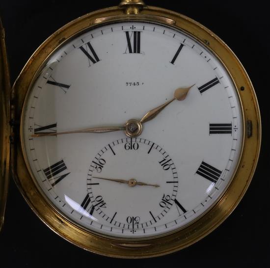 Barwise & Sons, London. A Victorian 18ct gold hunter key-wind pocket watch No. 7743, crested and monogrammed,